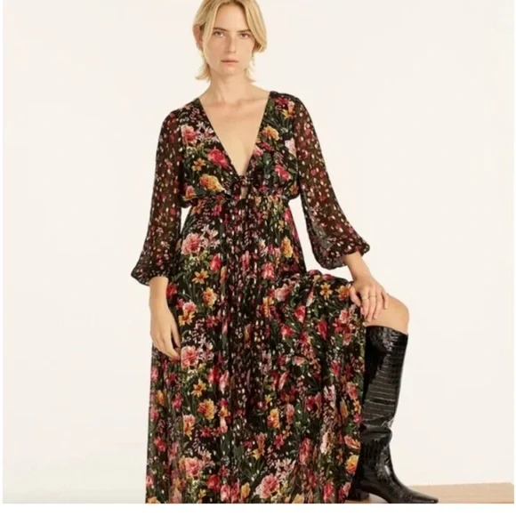 J.Crew Tie Front Lurex Floral Maxi Dress Boho Long Sleeve Romantic Size XL - Picture 2 of 11